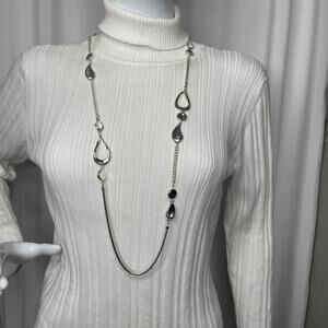 Chico's long chain link necklace shiny silver tone signed costume jewelry